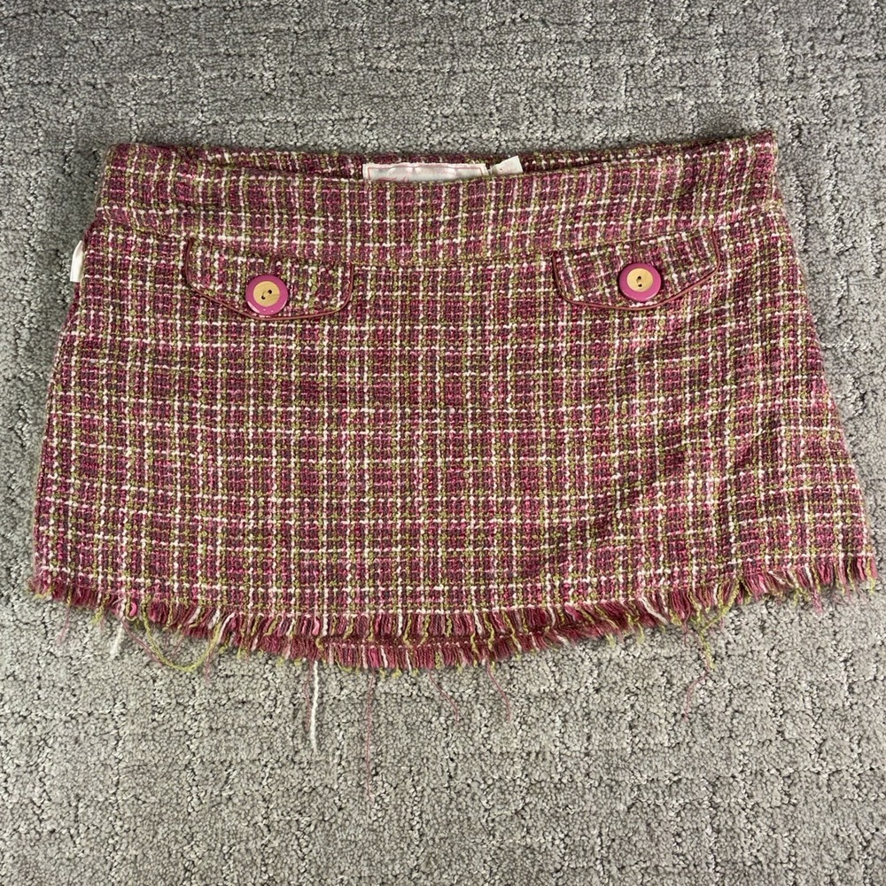 Vtg Hollister Pink Green Tweed Skirt Fringed Micro Mini Y2K Clueless Sz 1 Boucle